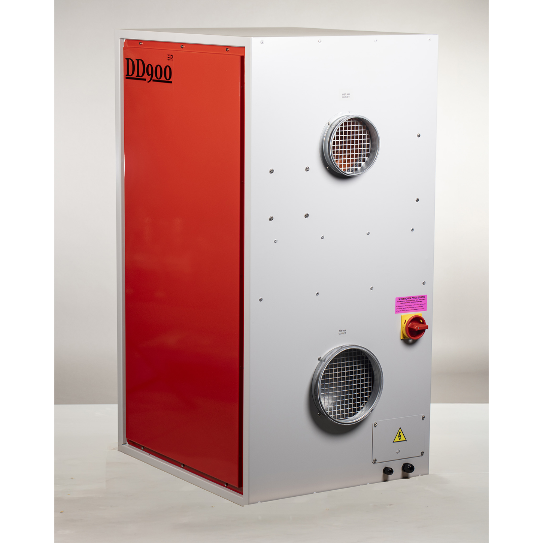 Front view of Ebac DD900 Desiccant Dehumidifier featuring industrial cabinet design with dual airflow ports and heavy-duty desiccant drying system