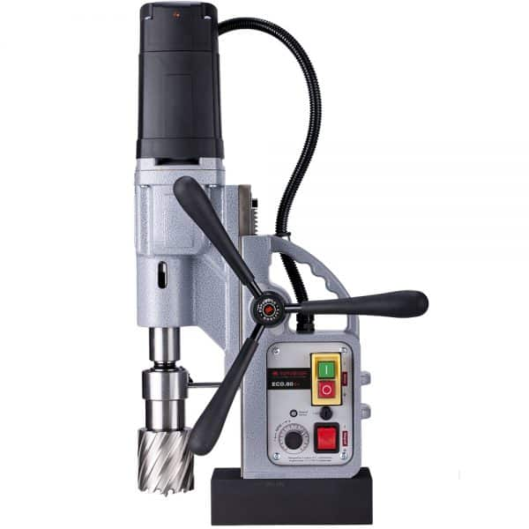 Front view of Euroboor ECO.60S+ Magnetic Drilling Machine with ergonomic feed handles and precision annular cutter system