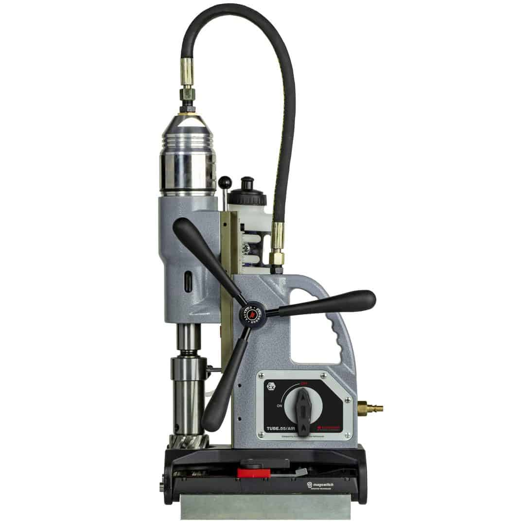 Front view of Euroboor TUBE.55/AIR Pneumatic Magnetic Drilling Machine mounted on pipe with adjustable feed handle and magnetic base