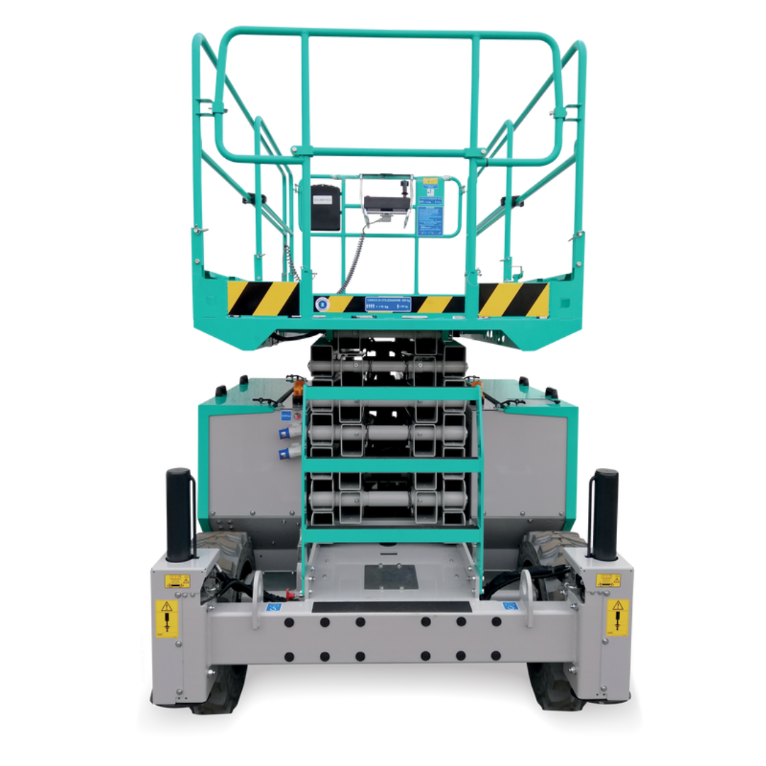 Front view of IMER IM 7043 DE ROUGH TERRAIN SCISSORS LIFTS showing rugged chassis design, stabilizer system, and elevated operator platform.