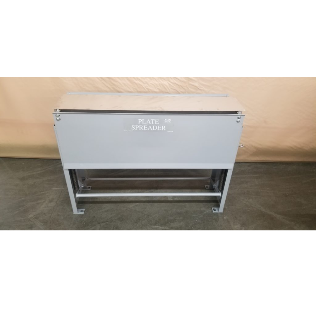 Front view of JLT #138B Plate Spreader showing heavy-duty steel frame and wide glue distribution plate