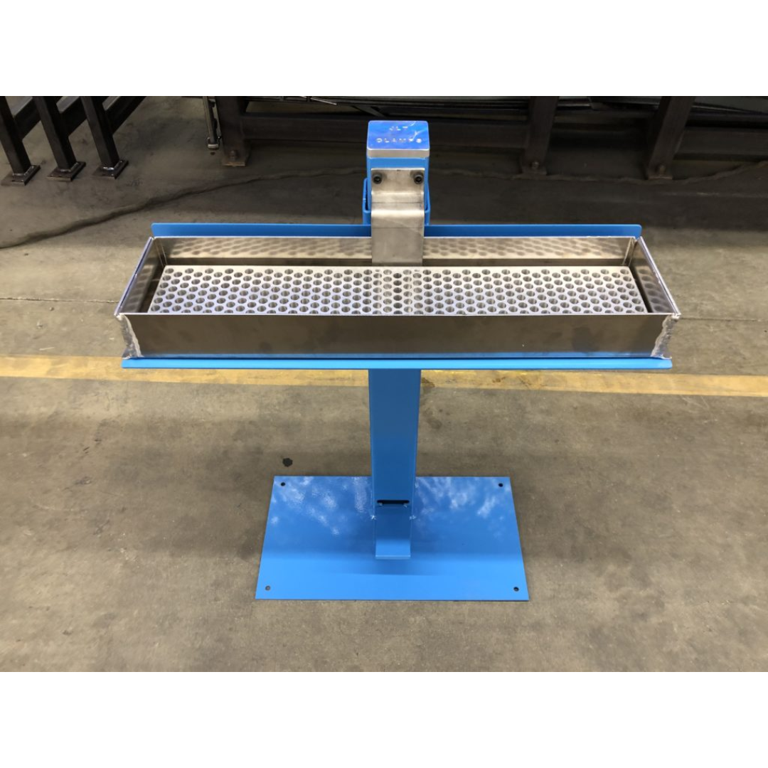 Front view of JLT #150B Redi-Spreader Glue Applicator with crossbar spreader design and heavy-duty blue floor-mounted stand