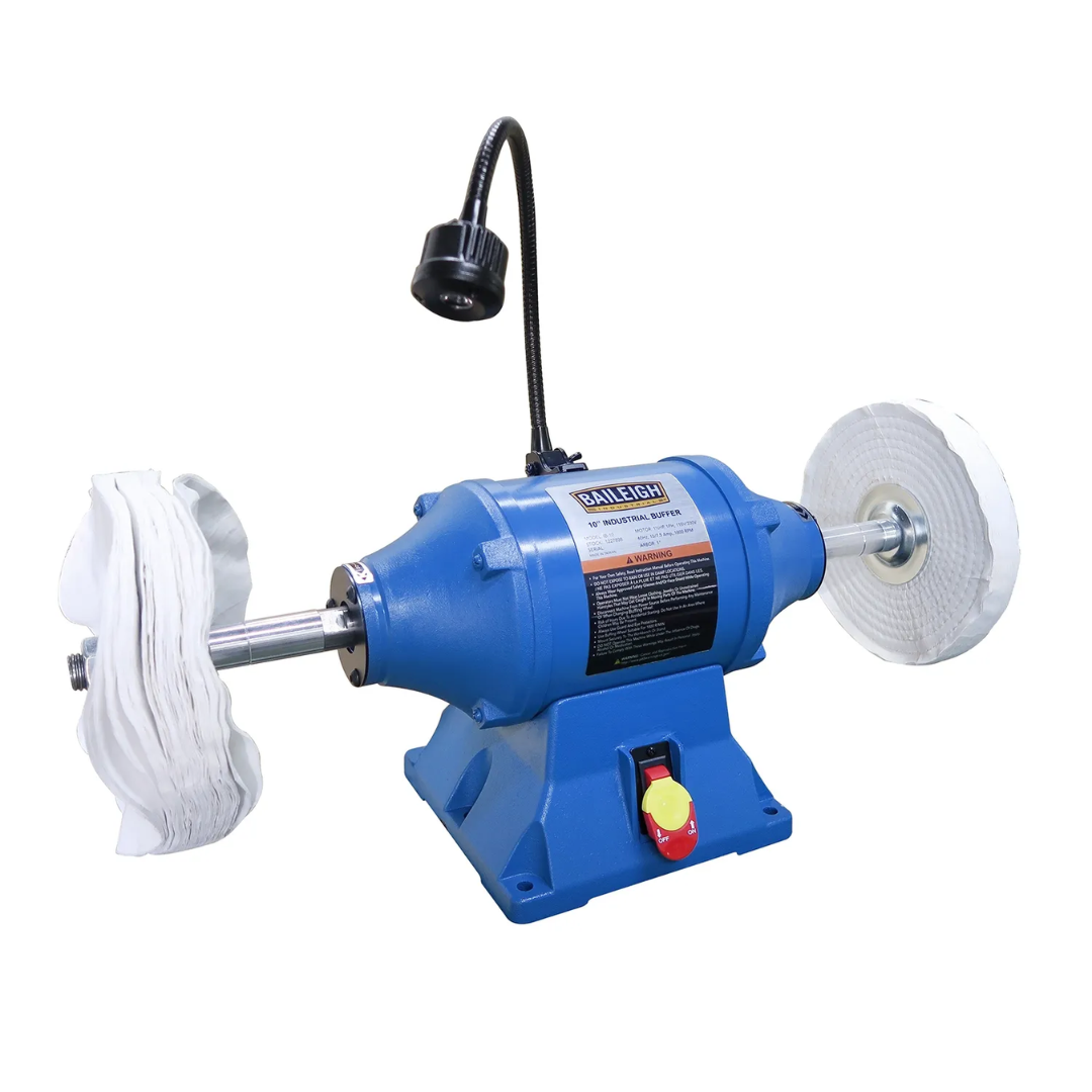 Front view of the Baileigh 10" Buffer/Polisher (IB-10) 1227898 featuring dual polishing wheels, heavy-duty motor housing, and integrated work light for metal finishing applications.