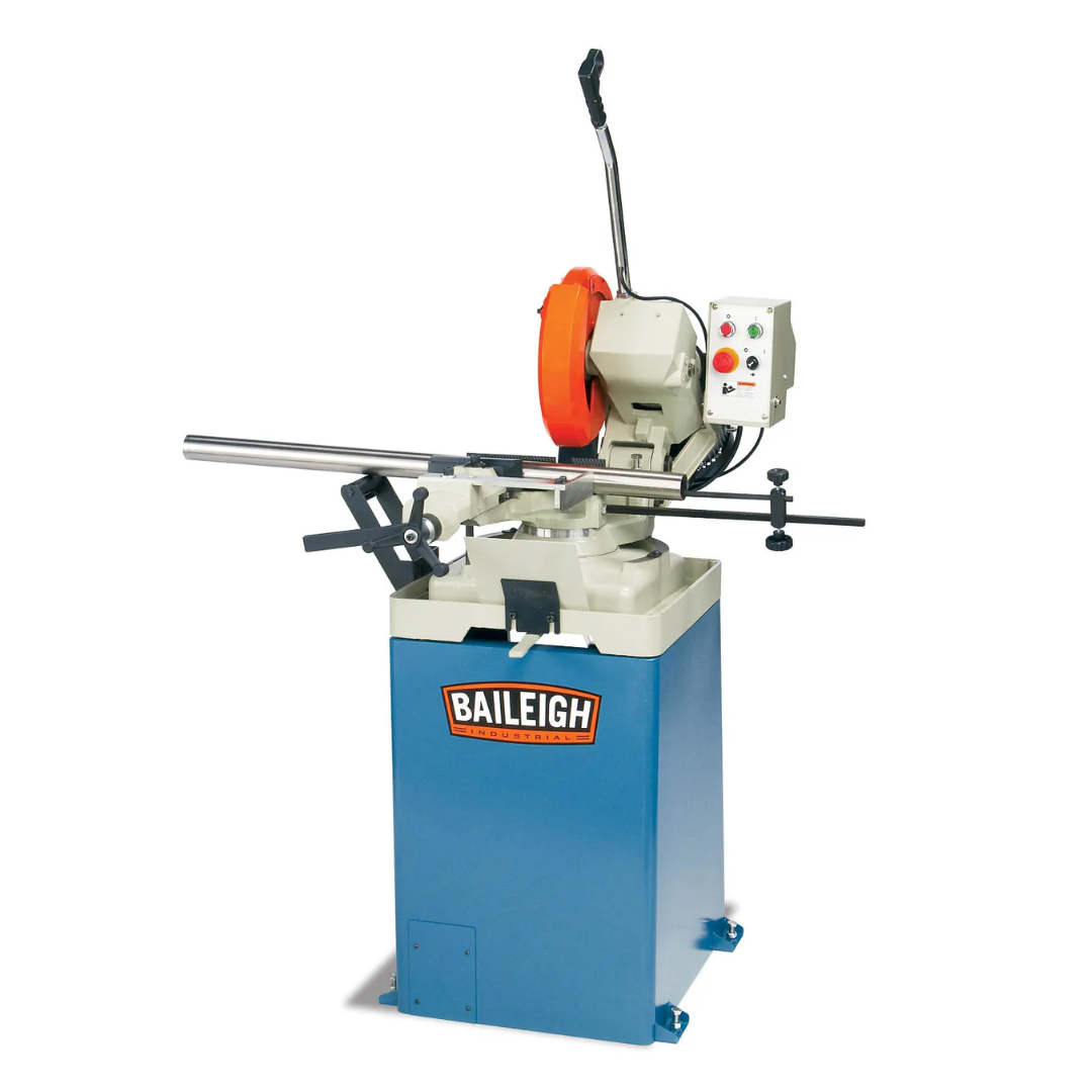 Front view of the Baileigh 12.5-Inch Manual Cold Saw, 2.5 HP, 220V 1Ph (CS-315EU) 1002450 showing the complete machine with pedestal base, cutting head, and material support system.