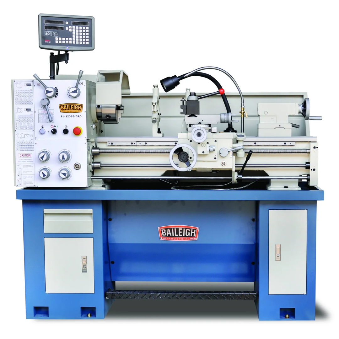 Front view of the Baileigh 12"x36" Geared Head Metal Lathe, X/Y-Axis DRO (PL-1236E-DRO) 1016617 showing the full machine setup with digital readout and sturdy cabinet base.
