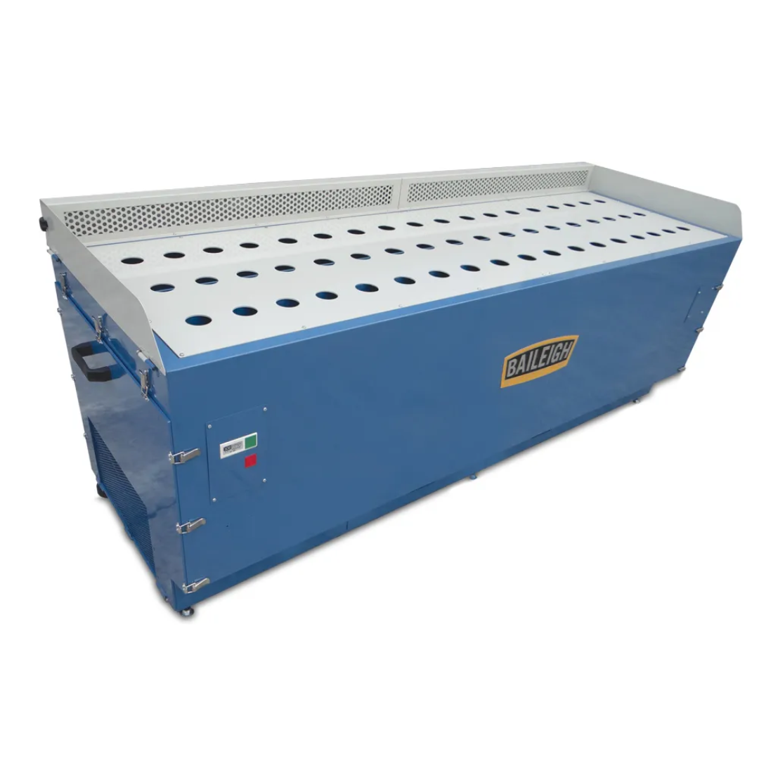 Front view of the Baileigh Downdraft Table DDTM-8024 1008628 showing the industrial dust collection workstation with perforated work surface and integrated filtration system.