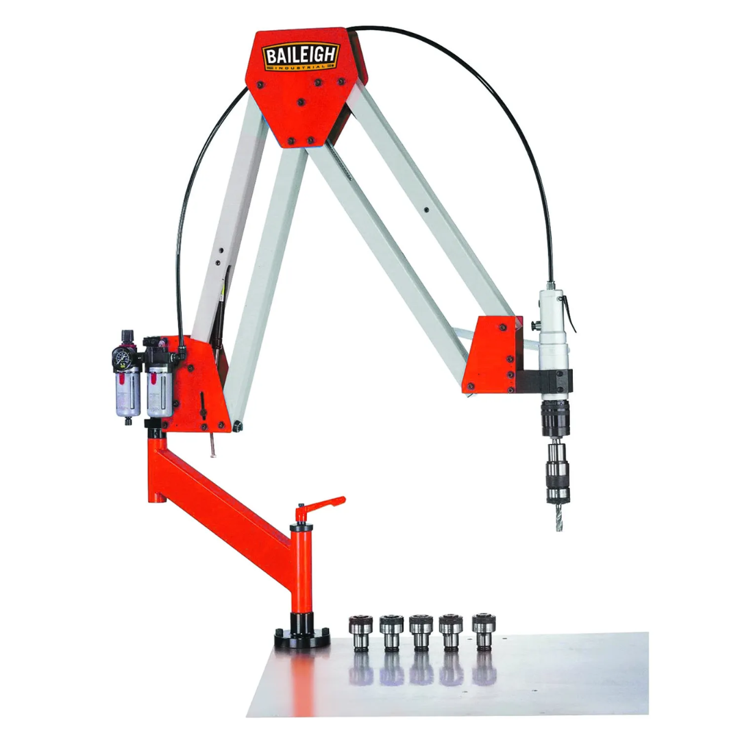 Front view of the Baileigh Pneumatic Tapping Arm ATM-27-1900 1000327 showing the articulated tapping arm system with pneumatic spindle and included tap holders for precision threading applications.