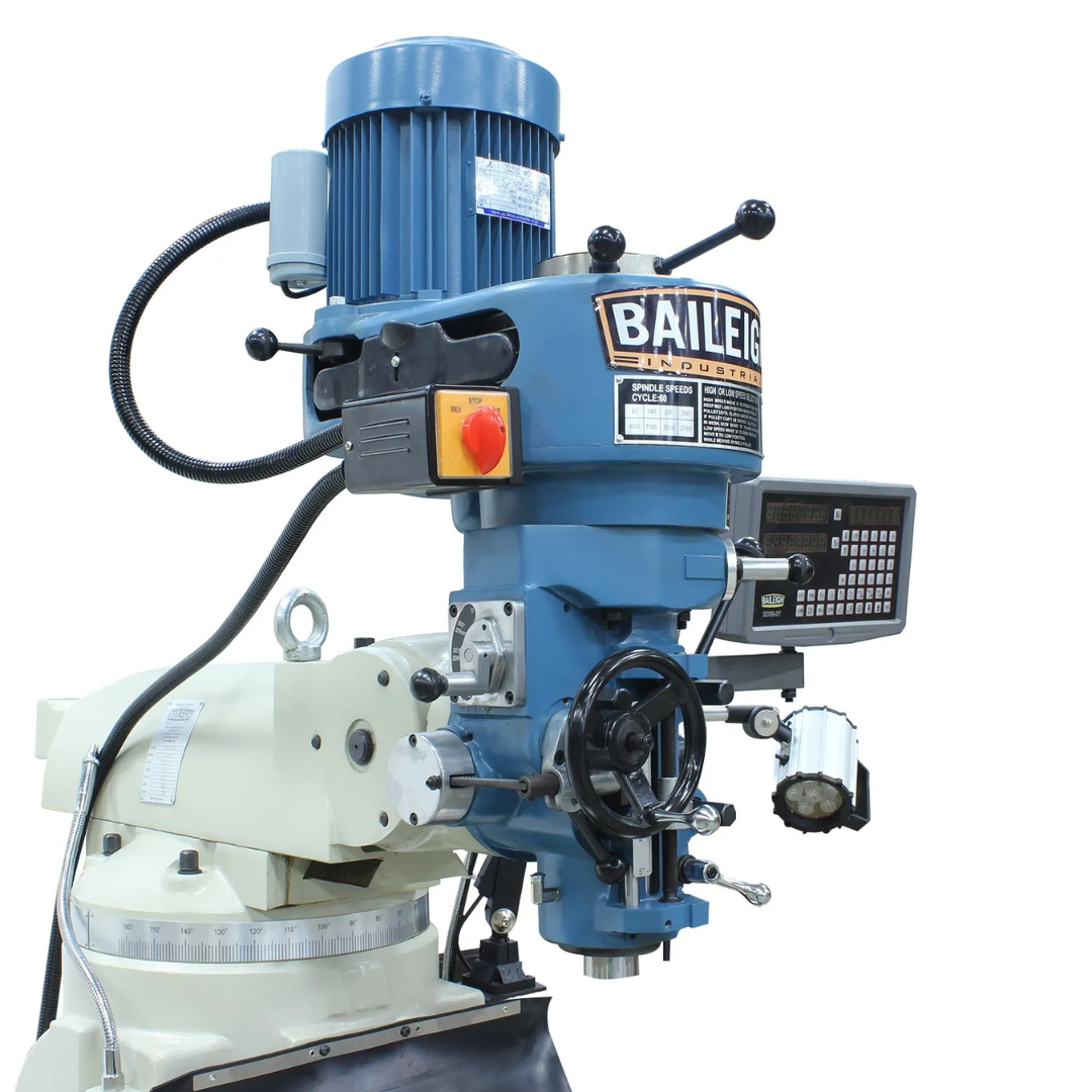 Front view of the Baileigh Vertical Knee Mill - VM-942E-1 1020695 highlighting the milling head, table, and operator controls.