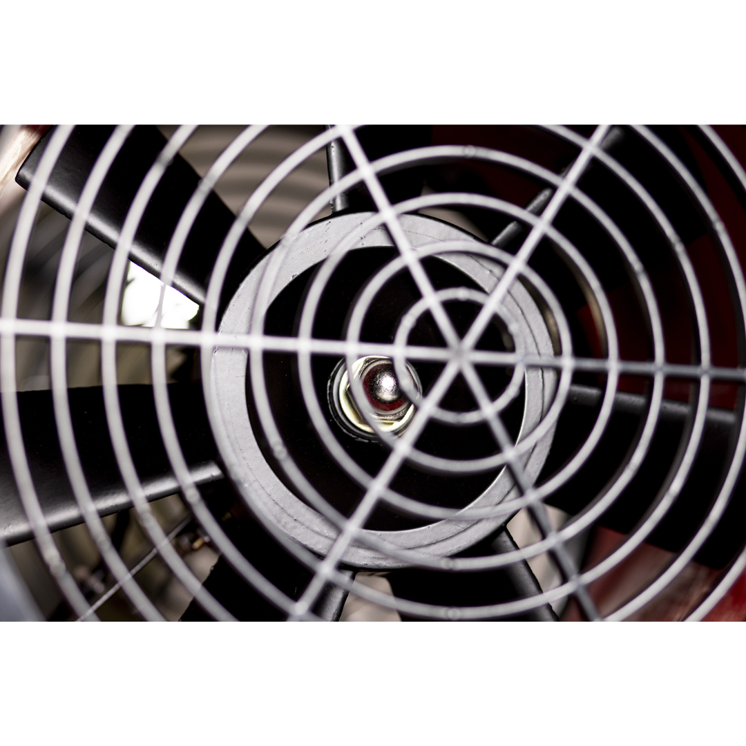 Front view of the Ebac RF3500 Ventilator 10965RD-US high-performance axial fan with protective metal grille for powerful air movement in industrial environments