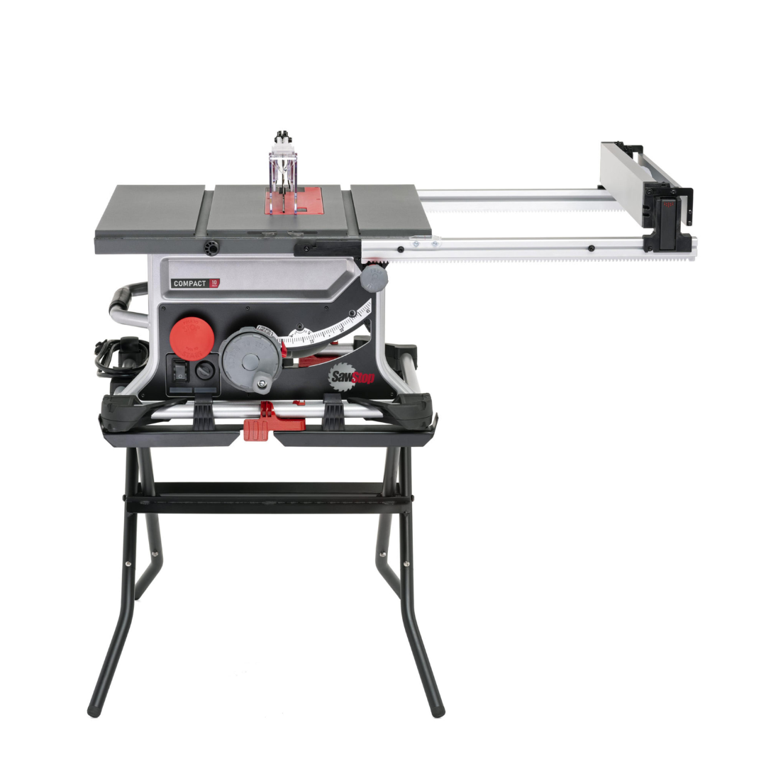 Front view of the SawStop Compact Table Saw mounted on stand, showcasing compact design and advanced table saw safety technology.