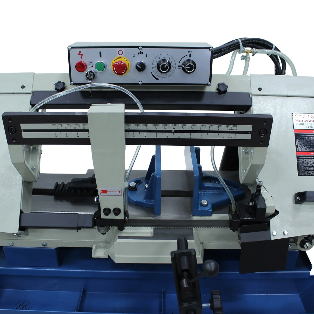 Front view of the control panel and cutting head on the Baileigh Horizontal Band Saw - BS-916M 1001740 showing operator controls and workholding system for accurate metal cutting operations.