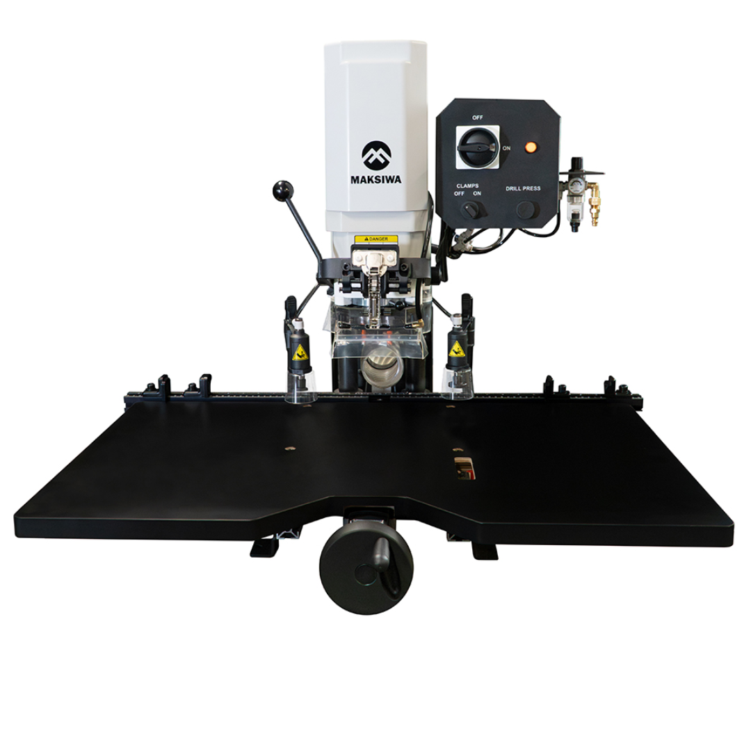 Front view of the Maksiwa HBM-1000 edge bander showing the control panel and compact industrial design
