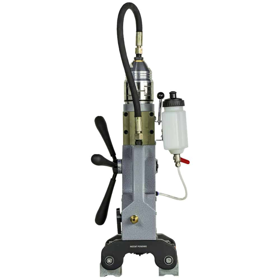 Full body view of Euroboor TUBE.55/AIR Pneumatic Magnetic Drilling Machine highlighting ergonomic feed handles and powerful magnetic clamping system