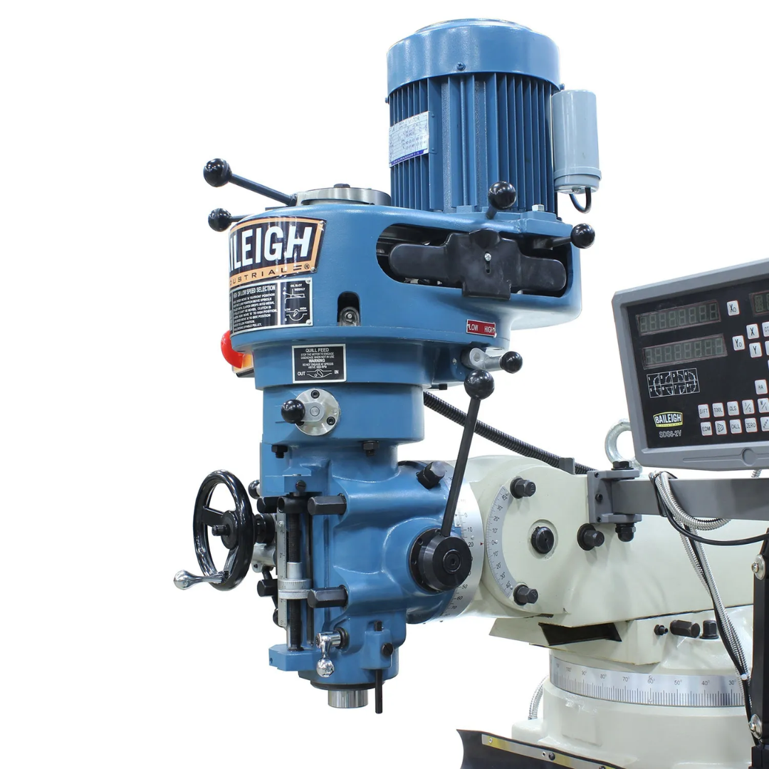 Full machine view of the Baileigh Vertical Knee Mill - VM-942E-1 1020695 showing the heavy-duty frame, milling head, and digital readout.