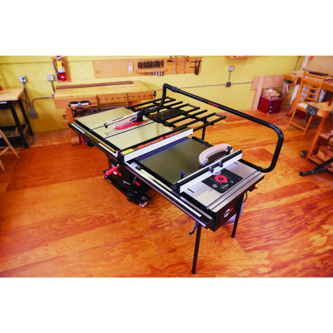 Full view of the SawStop Overarm Dust Collection TSA-ODC installed on a professional table saw with integrated overhead dust extraction.