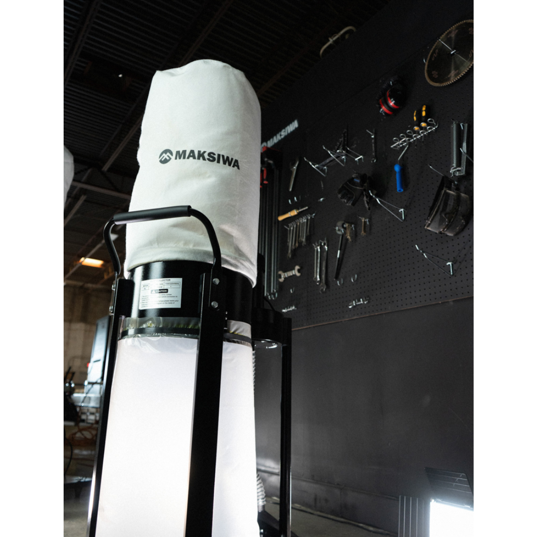 Full height view of Maksiwa CP_1.C Dust Collector with filter canister and compact vertical foot print