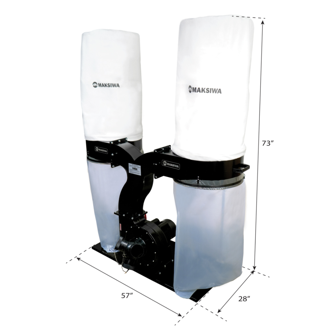 Full view of Maksiwa CPD/3.C dust collector with dual filter canisters, motor, and steel base