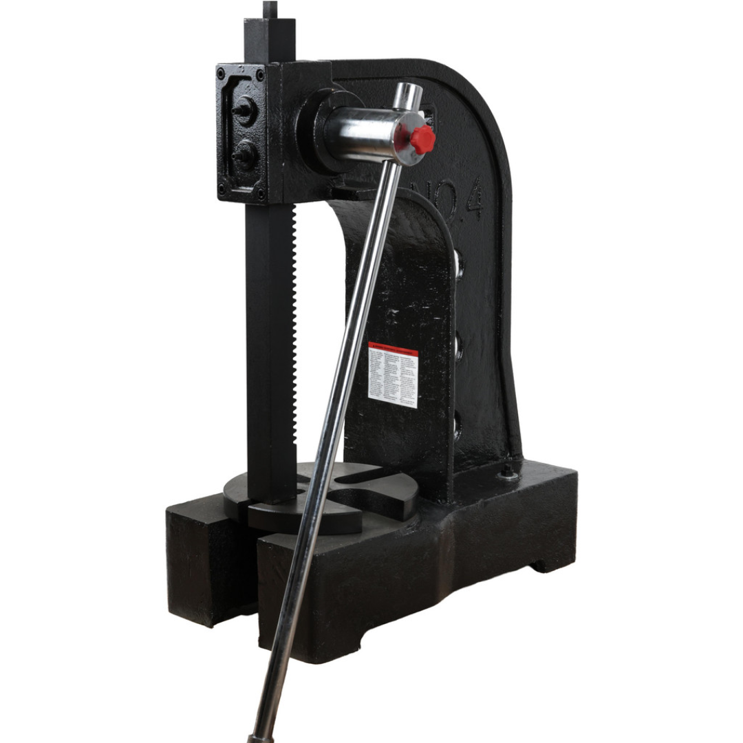 Gibraltar Arbor Press 805-10402 front angled view showing the heavy-duty cast iron frame, precision ram, long operating lever, and sturdy base for pressing, staking, and assembly applications.