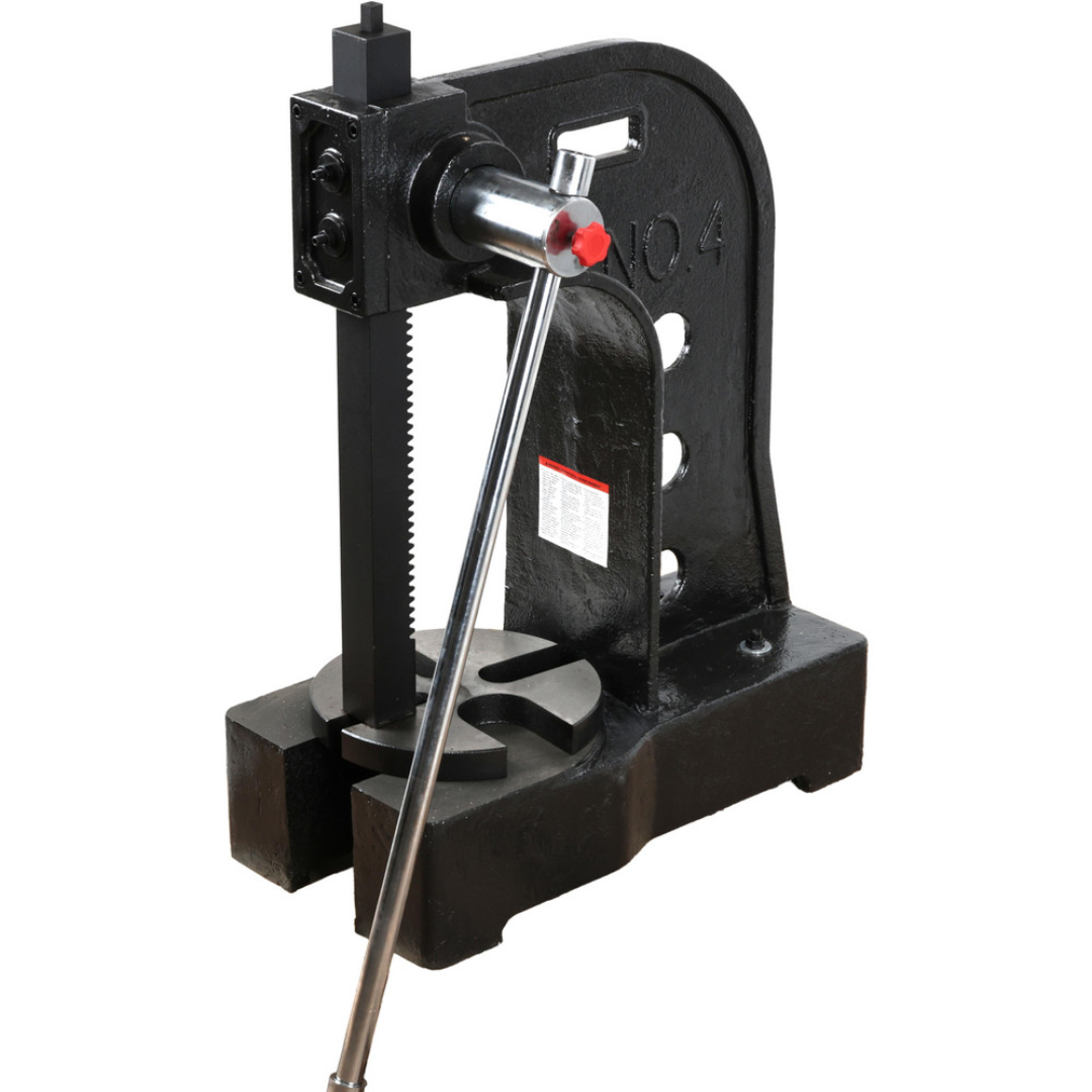 Gibraltar Arbor Press 805-10402 side perspective highlighting the rigid cast iron C-frame, adjustable ram mechanism, and manual lever for controlled pressing operations.