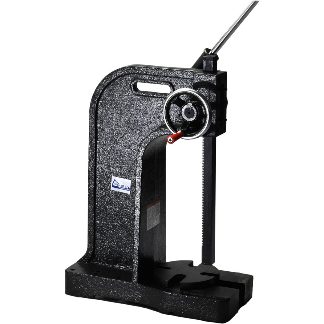 Gibraltar Arbor Press 805-11305 angled front view highlighting the rigid cast iron frame, adjustable ram, and manual lever for controlled pressing operations.