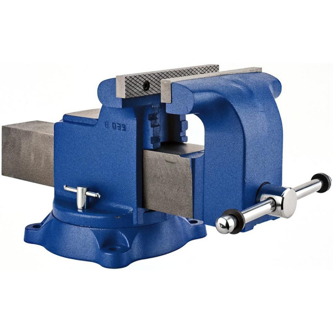Gibraltar Bench & Pipe Combination Vise CBV042 front angle view showing precision-machined serrated jaws, integrated pipe gripping section, and durable cast iron construction for workshop and industrial applications.