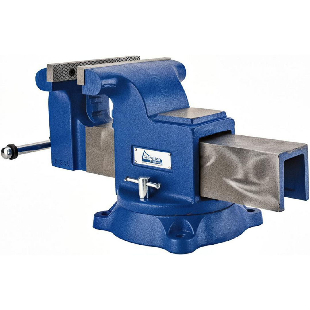 Gibraltar Bench & Pipe Combination Vise CBV042 side view highlighting the replaceable steel jaws, smooth lead screw, swivel base, and heavy-duty body for secure workholding.