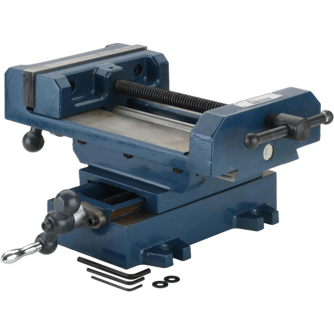 Gibraltar Horizontal Drill Press Vise 428-83182 front angled view showing the heavy-duty cast iron body, precision steel jaws, horizontal base, manual lead screw, and swivel handle for accurate drilling and machining applications.