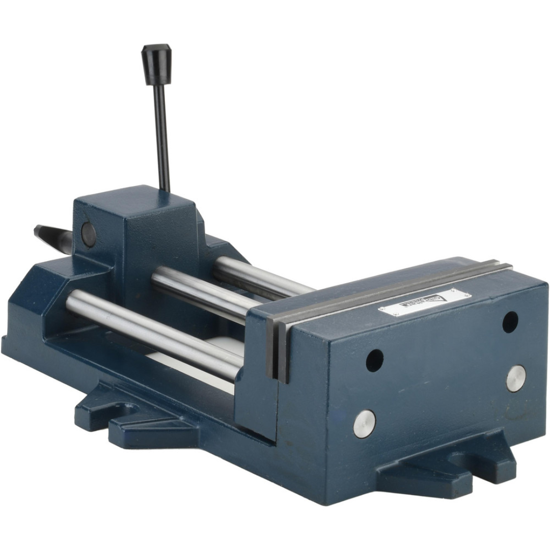 Gibraltar Horizontal Drill Press Vise 428-85082 angled front view showing the precision jaw assembly, dual guide rails, and manual locking lever for secure industrial workholding.
