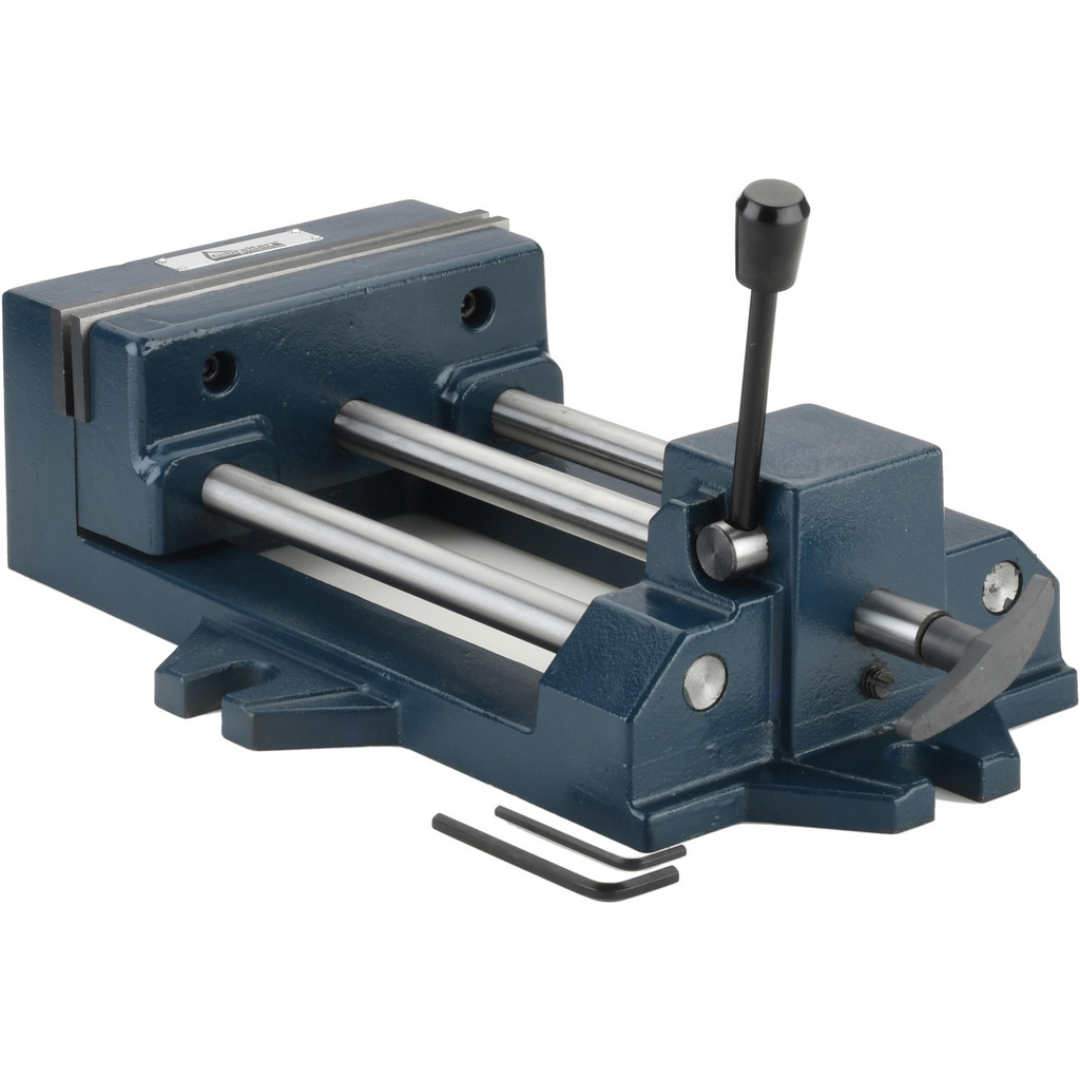 Gibraltar Horizontal Drill Press Vise 428-85082 heavy-duty horizontal drill press vise with precision-ground steel jaws, dual guide rods, quick manual clamping lever, and rigid cast construction for accurate drilling, milling, and machining applications.