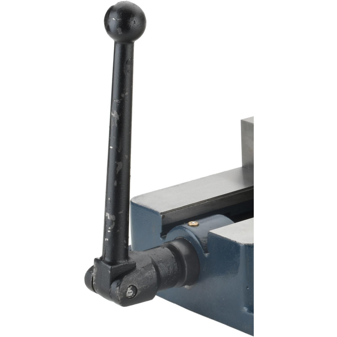 Gibraltar Machine Vise: Single-Station Stationary Base 428-72682 close-up side view featuring the operating handle, hardened jaws, and fixed-base design for professional metalworking and precision machining applications.