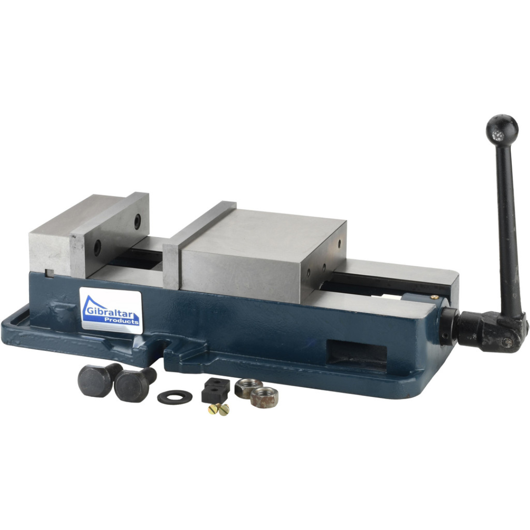 Gibraltar Machine Vise: Single-Station Stationary Base 428-72682 front angled view showing the precision-ground steel jaws, heavy-duty stationary base, manual operating handle, and rigid machine vise construction for milling and machining applications.