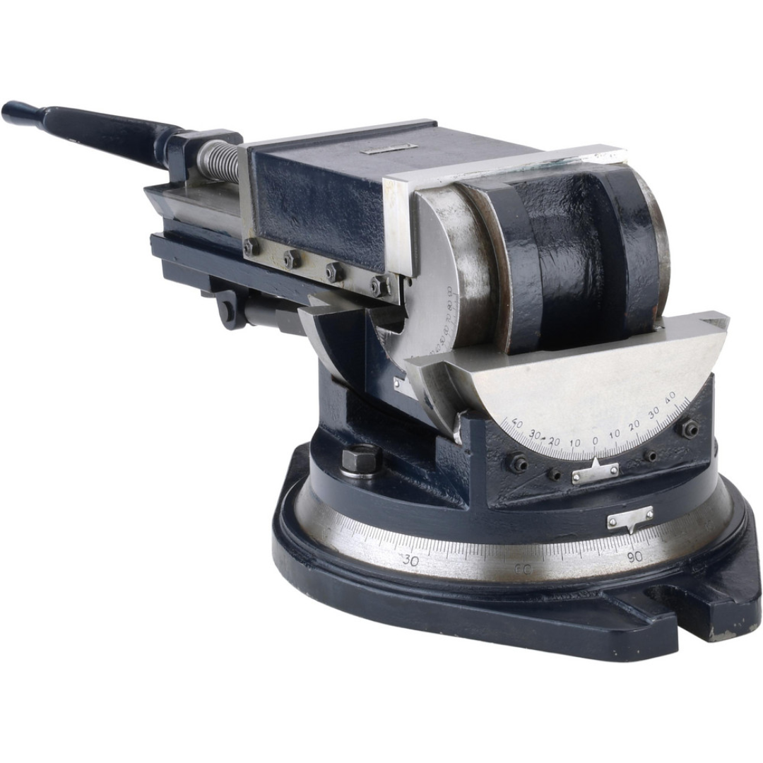 Gibraltar Machine Vise: Single-Station Swivel Base 110953 three-quarter view highlighting the precision-ground jaws, swivel base with degree markings, and rigid machine vise construction for accurate workholding.