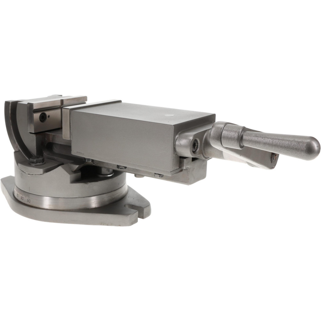 Gibraltar Machine Vise: Single-Station Swivel Base, Precision 110027 front angled view showing precision-machined body, swivel base, and operating handle for accurate metalworking applications.