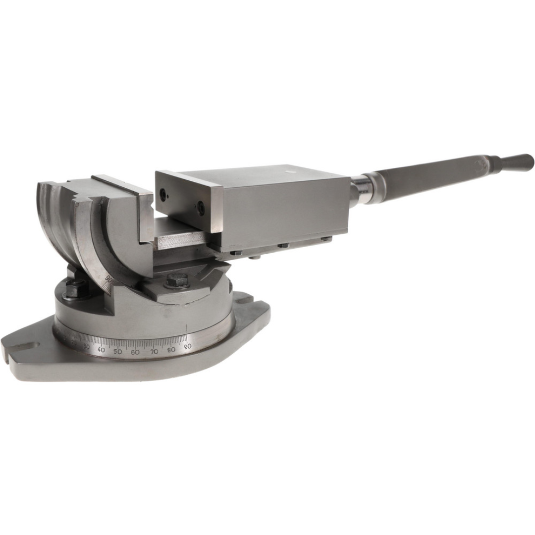 Gibraltar Machine Vise: Single-Station Swivel Base, Precision 110027 opposite side view featuring the compact precision vise body, swivel base, and smooth operating handle for CNC and manual milling machines.