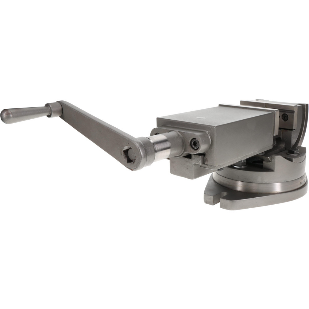 Gibraltar Machine Vise: Single-Station Swivel Base, Precision 110027 side perspective highlighting the precision jaw assembly, swivel base, and durable construction for milling operations.