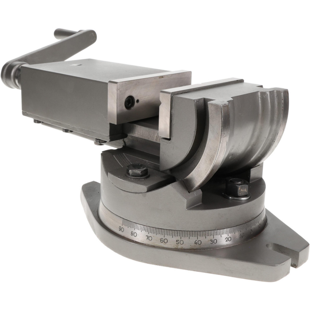 Gibraltar Machine Vise: Single-Station Swivel Base, Precision 110027 three-quarter view displaying the adjustable swivel base, hardened jaws, and rigid clamping design for machining accuracy.