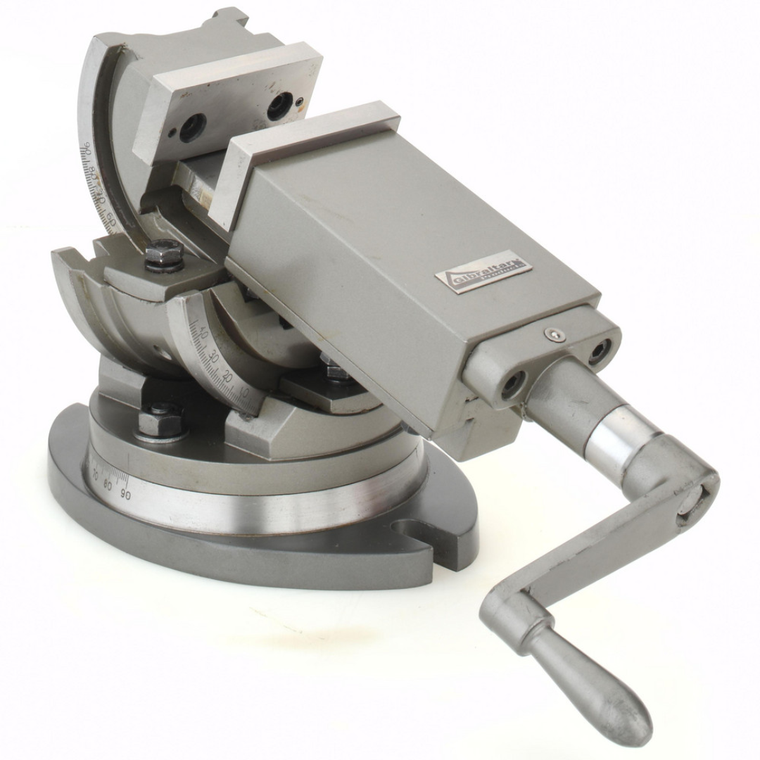 Gibraltar Machine Vise Single-Station Swivel Base Precision 110051 angled side view featuring the adjustable swivel base and crank handle designed for precision positioning and dependable clamping performance.