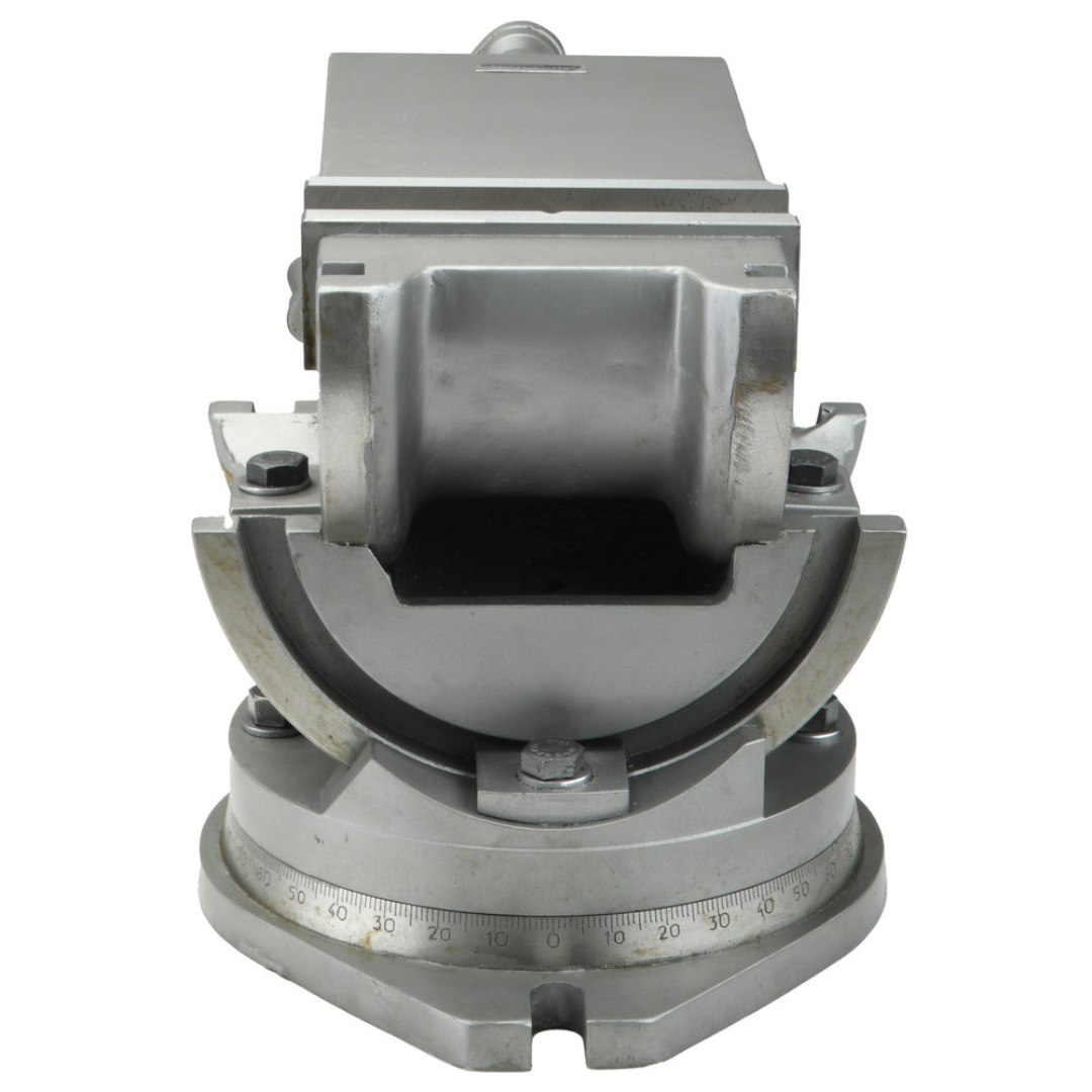Gibraltar Machine Vise: Single-Station Swivel Base, Precision 110054 front-facing view highlighting the jaw alignment, precision-ground surfaces, and industrial machine tool compatibility.