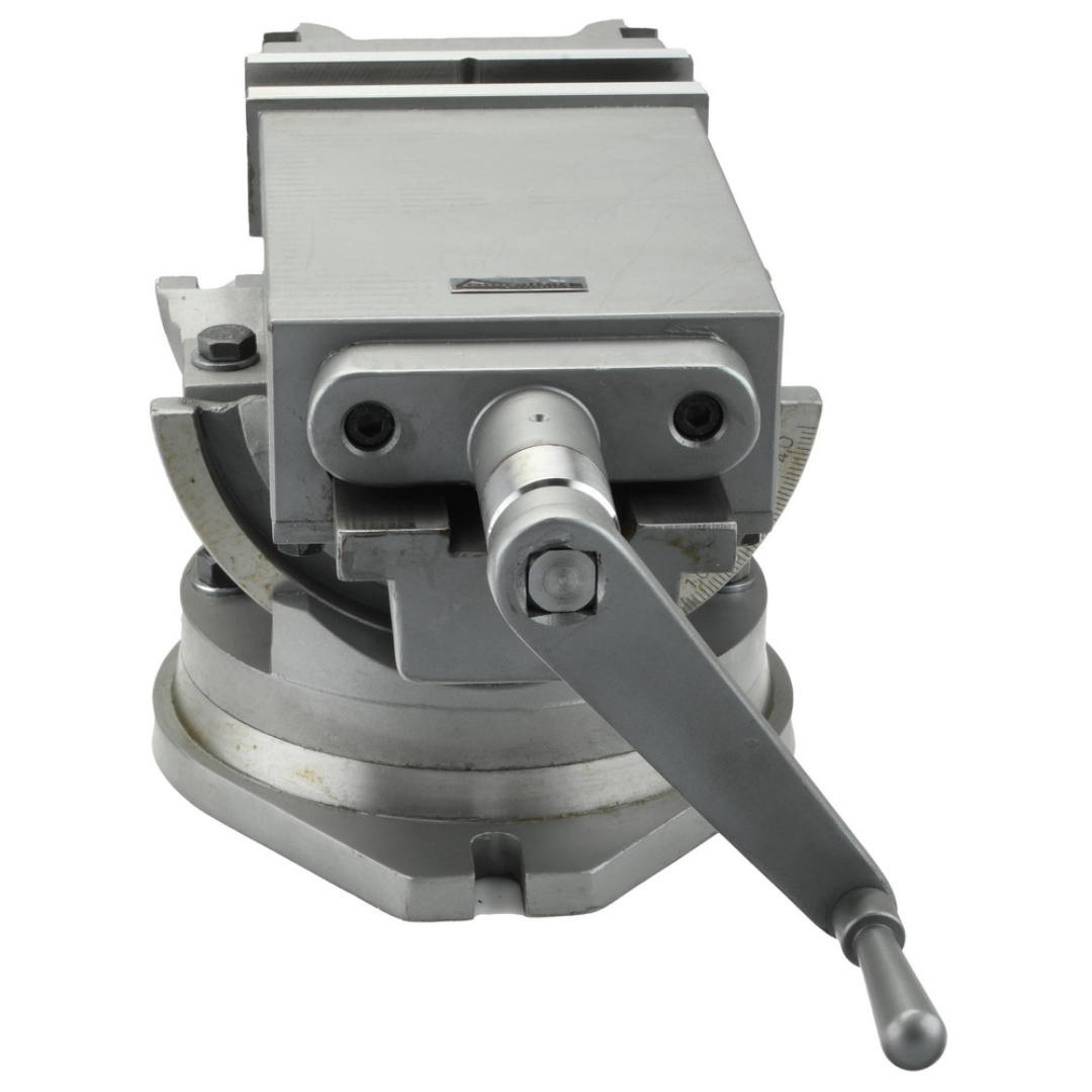 Gibraltar Machine Vise: Single-Station Swivel Base, Precision 110054 rear view displaying the manual lead screw, swivel locking system, and heavy-duty machine vise construction.
