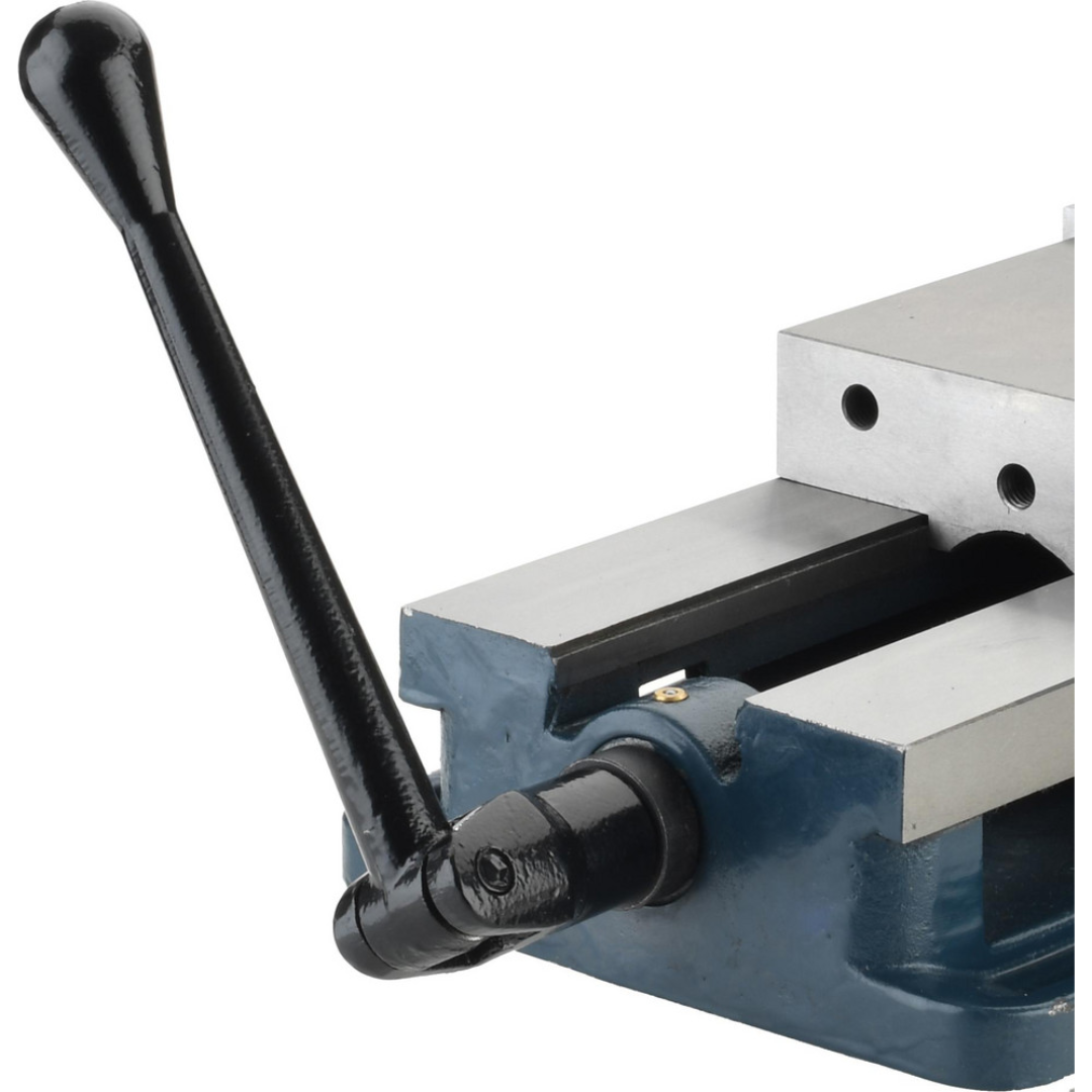 Gibraltar Machine Vise: Single-Station Swivel Base, Precision 428-72692 close-up side view featuring the operating handle, precision-machined body, hardened jaws, and swivel base for professional metalworking applications.