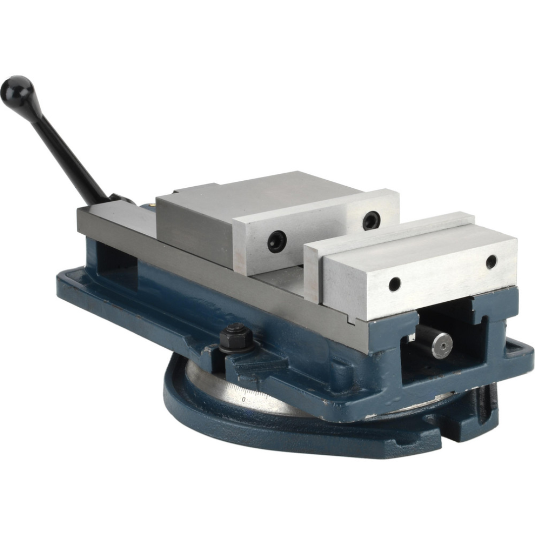 Gibraltar Machine Vise: Single-Station Swivel Base, Precision 428-72692 three-quarter view highlighting the precision-ground jaws, swivel base with degree markings, and heavy-duty construction for accurate workholding.