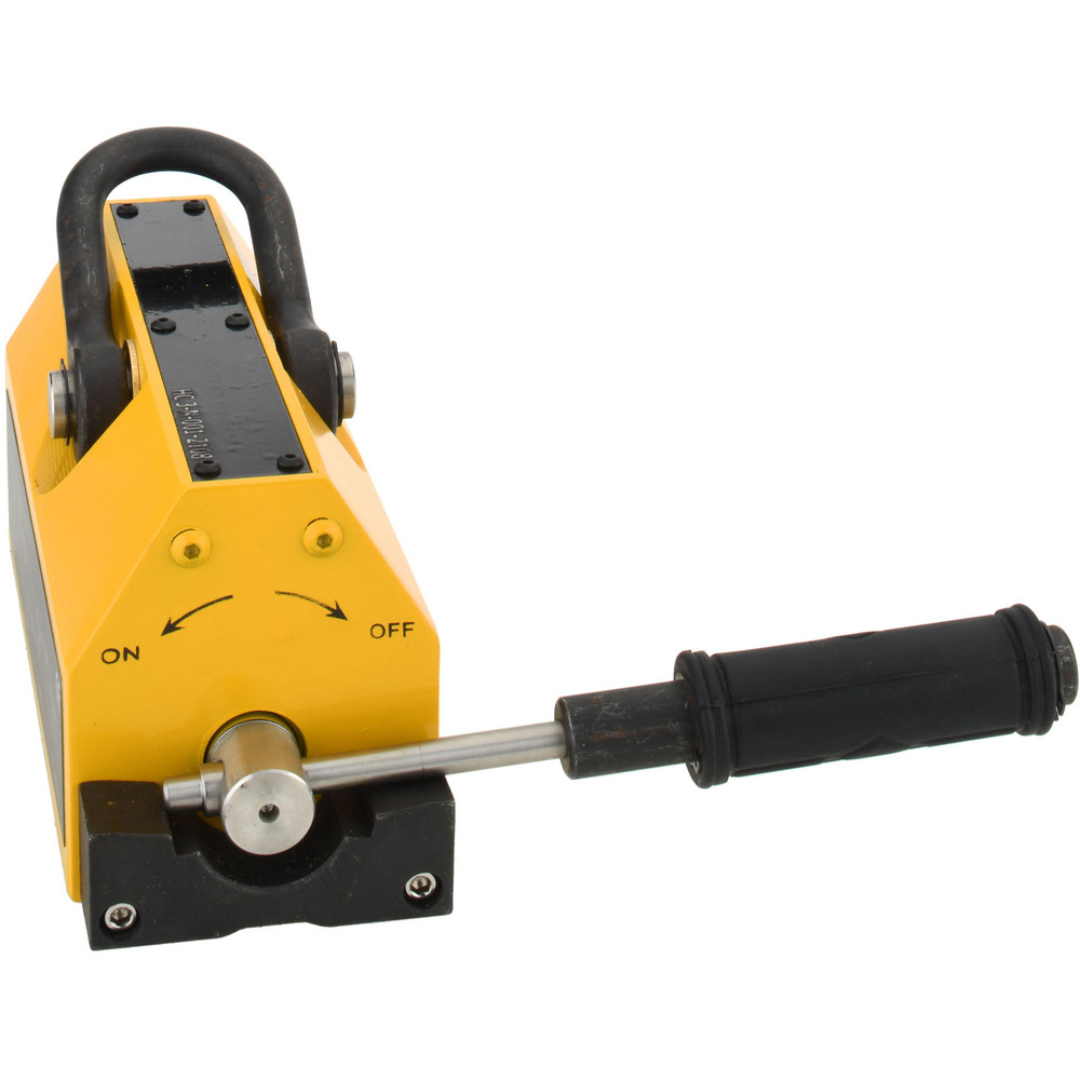 Gibraltar Magnetic Lifter: 1,600 lb Capacity 1PLM-102-G angled front view highlighting the lifting eye, durable magnetic body, and ergonomic release handle for industrial material handling.