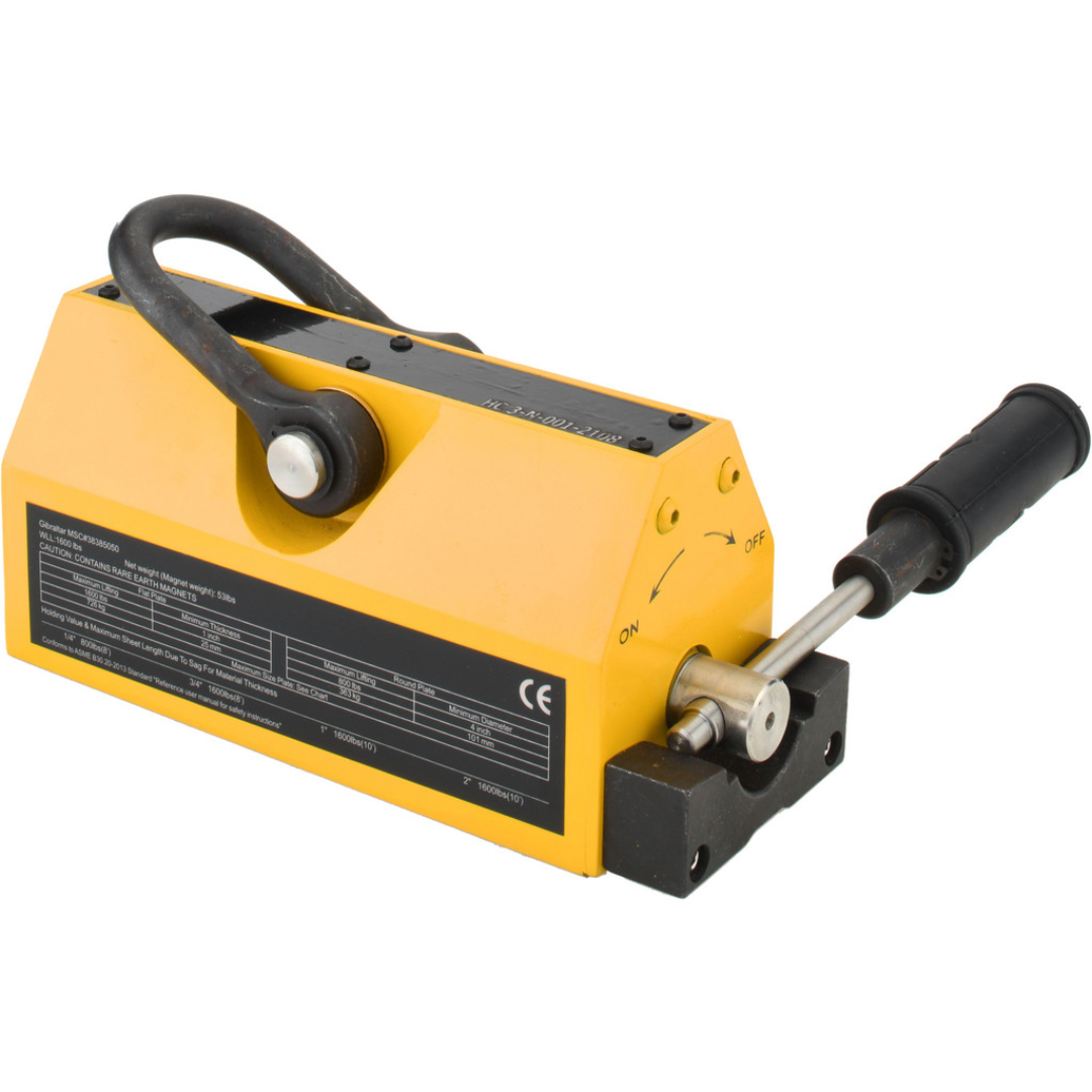 Gibraltar Magnetic Lifter: 1,600 lb Capacity 1PLM-102-G front view showing a permanent magnetic lifter with manual On/Off handle for safely lifting flat steel plates and ferrous materials.