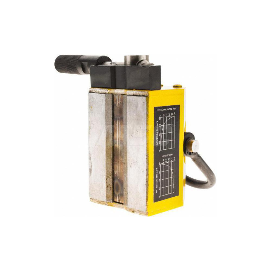 Gibraltar Magnetic Lifter: 2,500 lb Capacity 1PLM-103-G upright view highlighting the compact permanent magnet design with lifting shackle and manual locking handle.