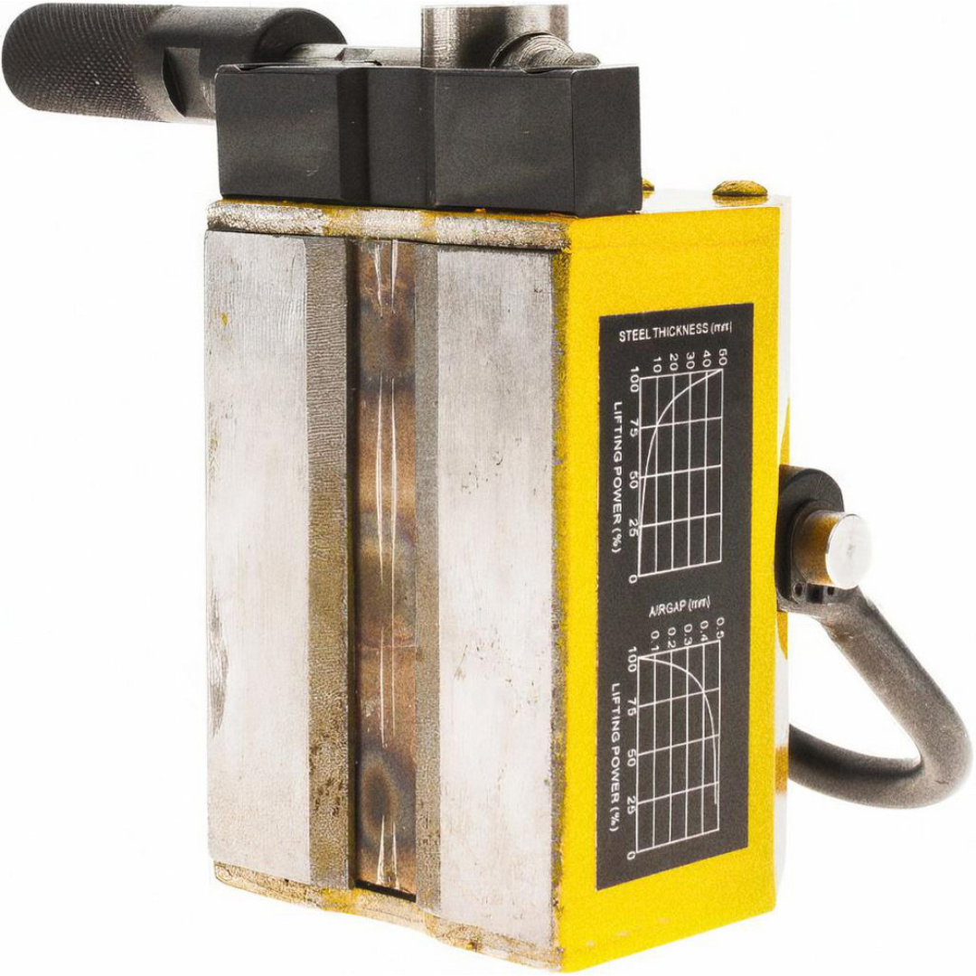 Gibraltar Magnetic Lifter 800 lb Capacity 1PLM-101-G upright side view showing the permanent magnet assembly, lifting shackle, and manual locking handle for secure material handling.