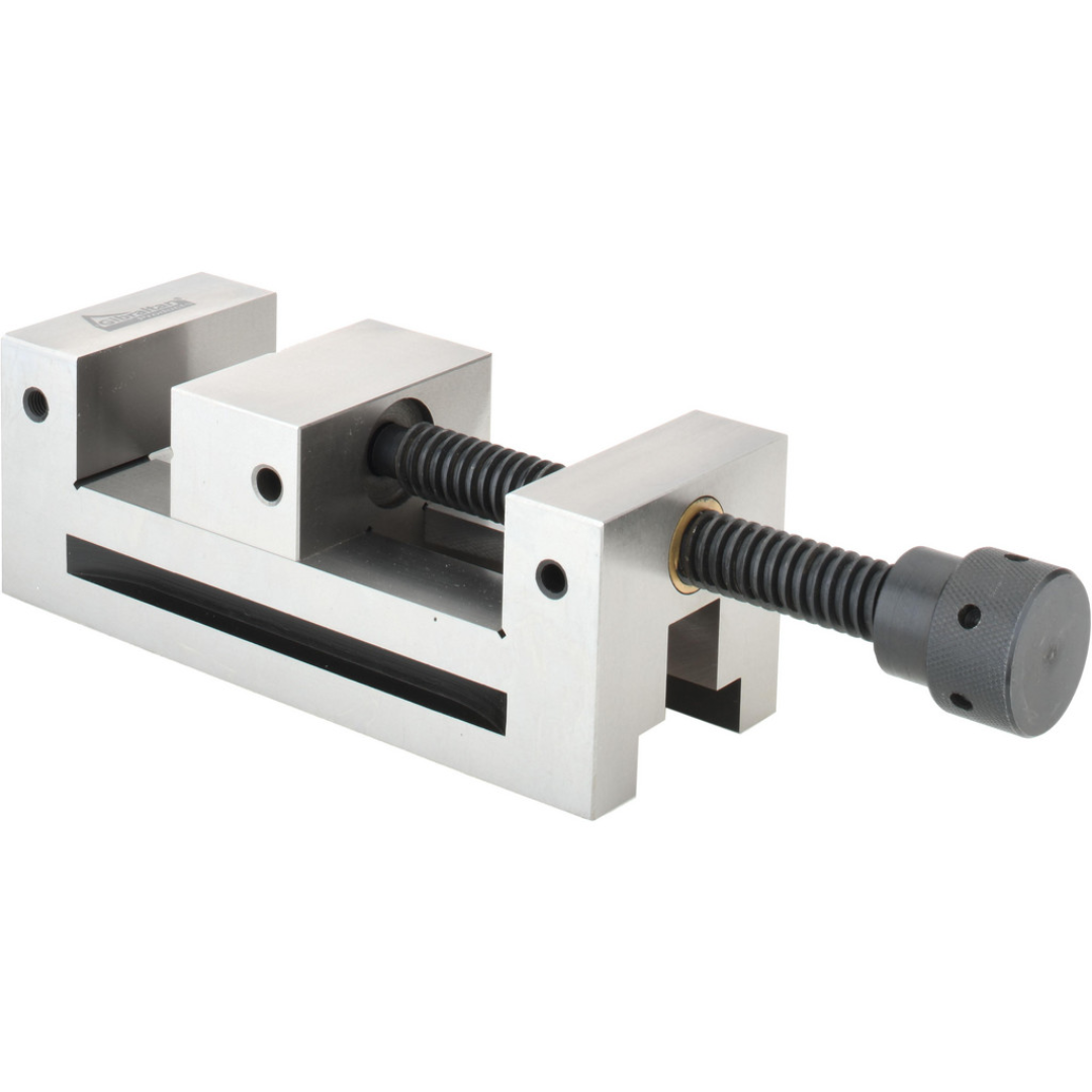 Gibraltar Toolmakers Vise GB-Vise-001 front angled view showing the precision-ground hardened steel body, flat jaws, lead screw, and rigid low-profile design for grinding, EDM, inspection, and precision machining applications.