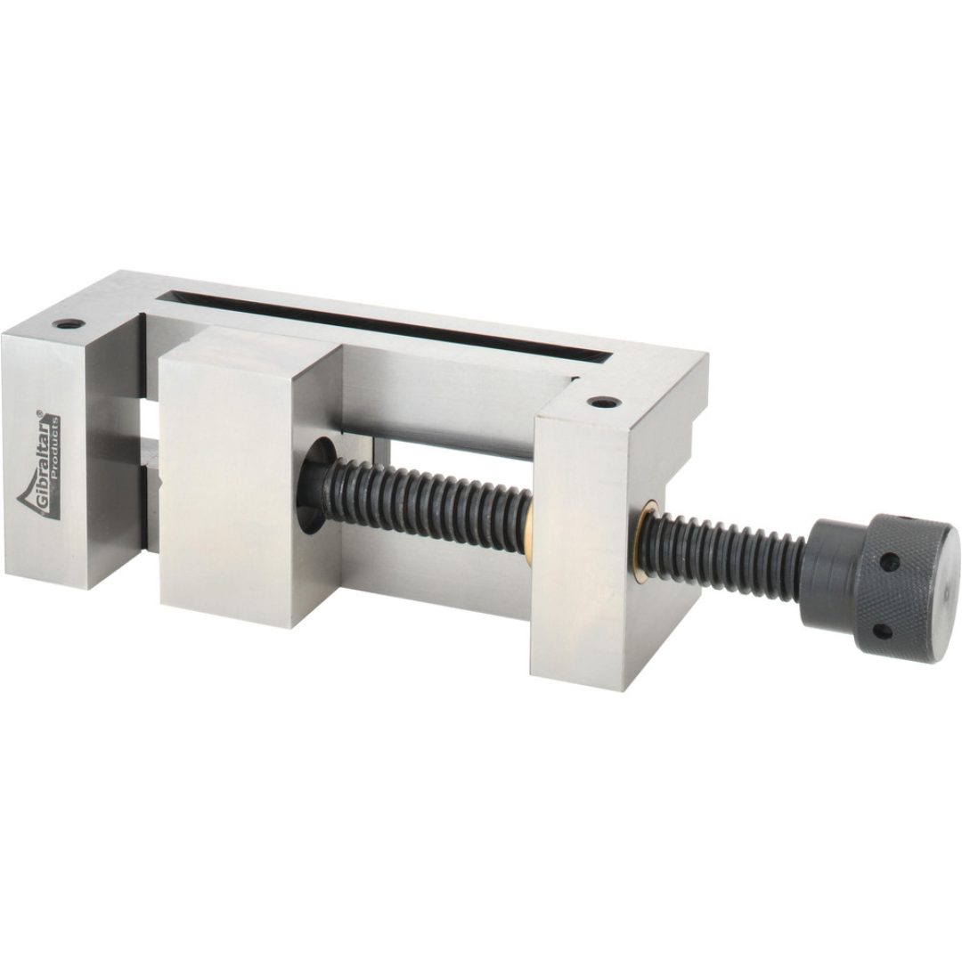 Gibraltar Toolmakers Vise GB-Vise-001 rear angled view displaying the precision lead screw assembly, rigid body, and parallel jaw alignment for high-accuracy machining and inspection tasks.