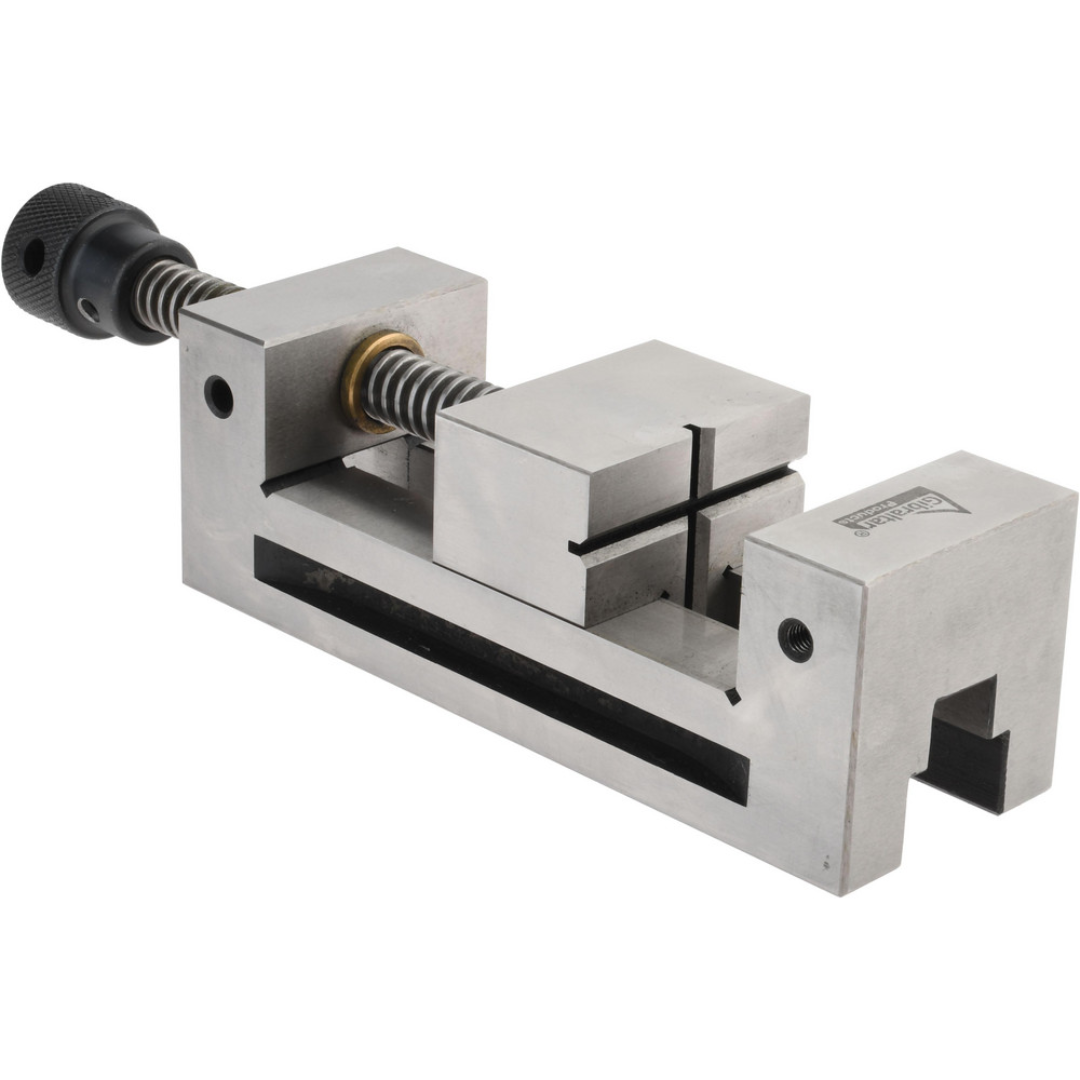 Gibraltar Toolmakers Vise GB-Vise-004 angled side view showing the precision-ground steel body, hardened flat jaws, and fine-thread spindle for accurate workholding.