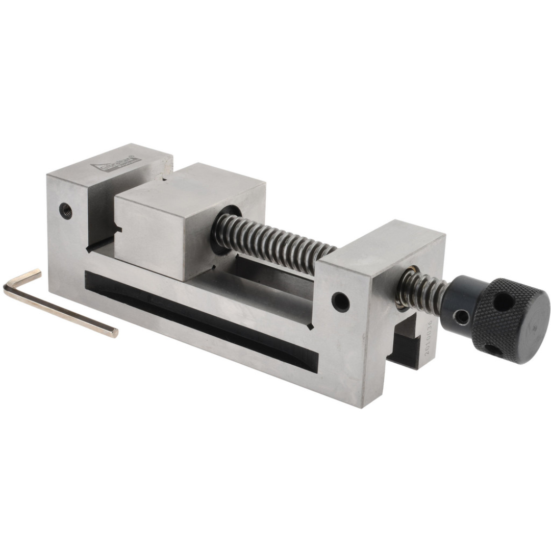 Gibraltar Toolmakers Vise GB-Vise-004 precision toolmaker's vise with hardened steel construction, precision-ground flat jaws, smooth lead screw, and compact design for grinding, EDM, milling, inspection, and precision machining applications.
