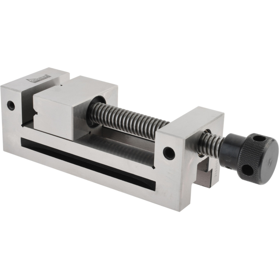 Gibraltar Toolmakers Vise GB-Vise-006 precision toolmaker's vise with hardened steel construction, precision-ground flat jaws, smooth lead screw, and compact design for grinding, EDM, milling, inspection, and precision machining applications.